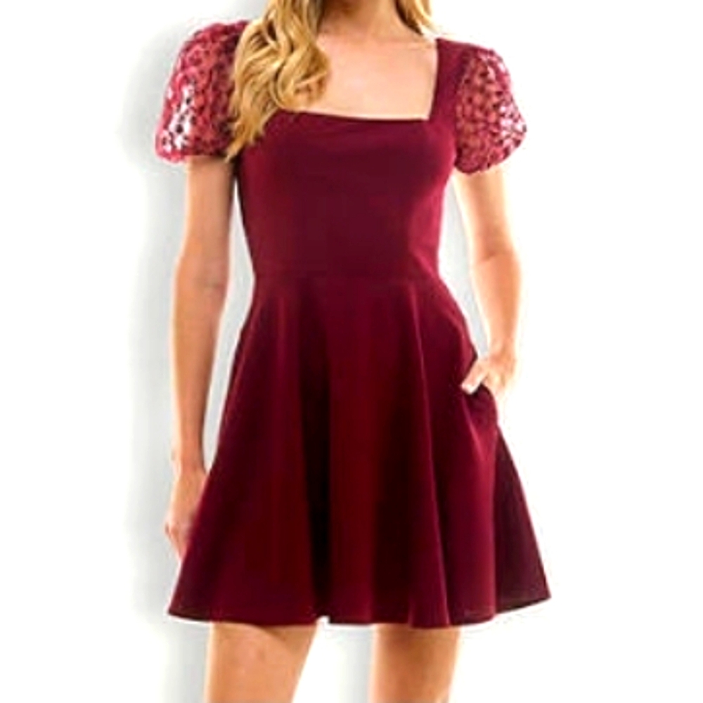 Elegant Burgundy Dress with Lace Sleeves